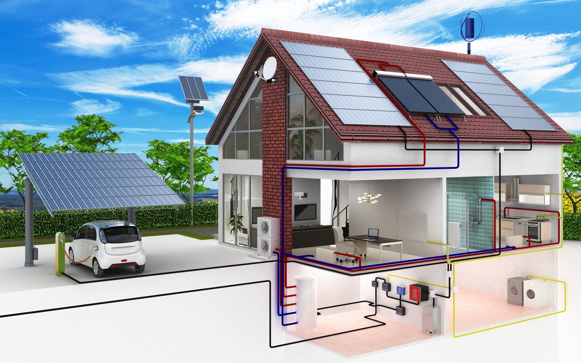 Konzept eines Hauses mit Erneuerbaren Energien und Elektroauto