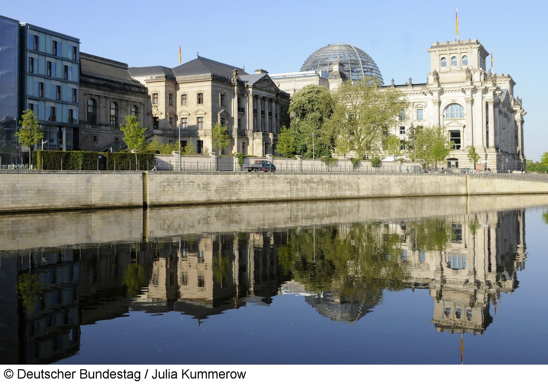 Aussenansicht des deutschen Bundestages und anderer Gebäude fotografiert vom Spreeufer