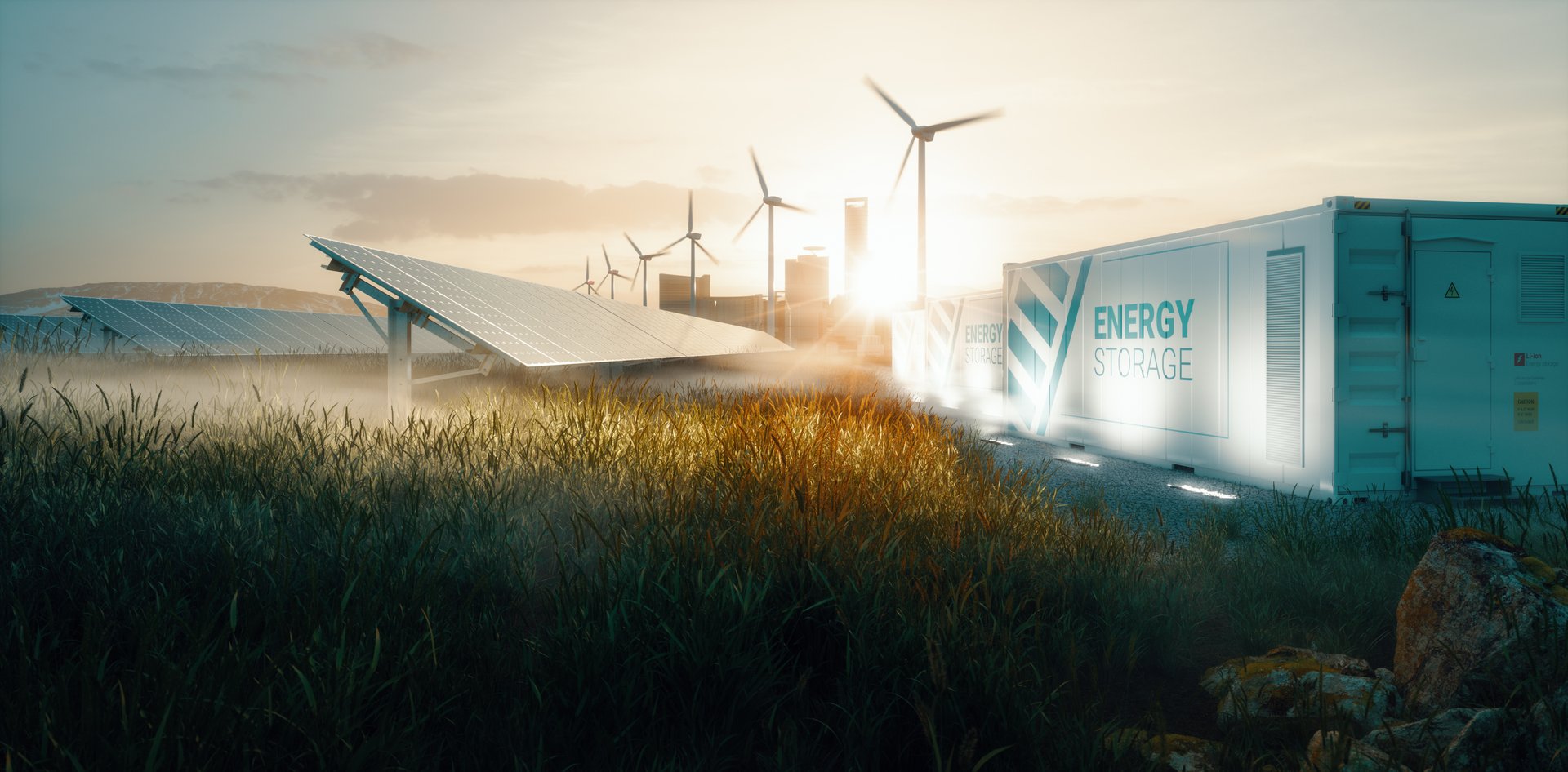 Smart Grid Konzept mit Windrädern, einer Solarzelle auf einem Feld und einem Batteriespeicher