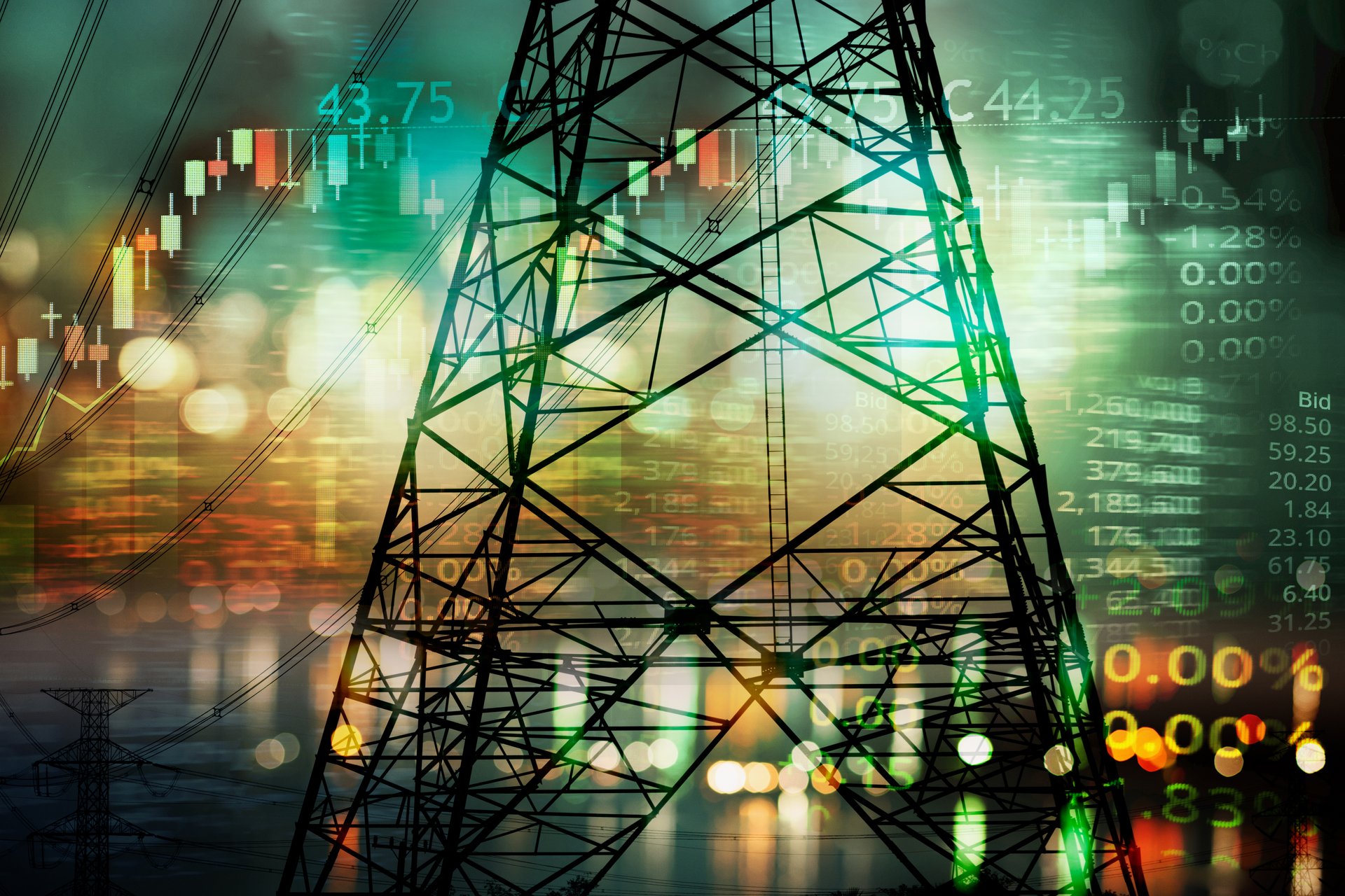 market stock graph and information with city green blue light and electricity pole and energy facility industry and business background