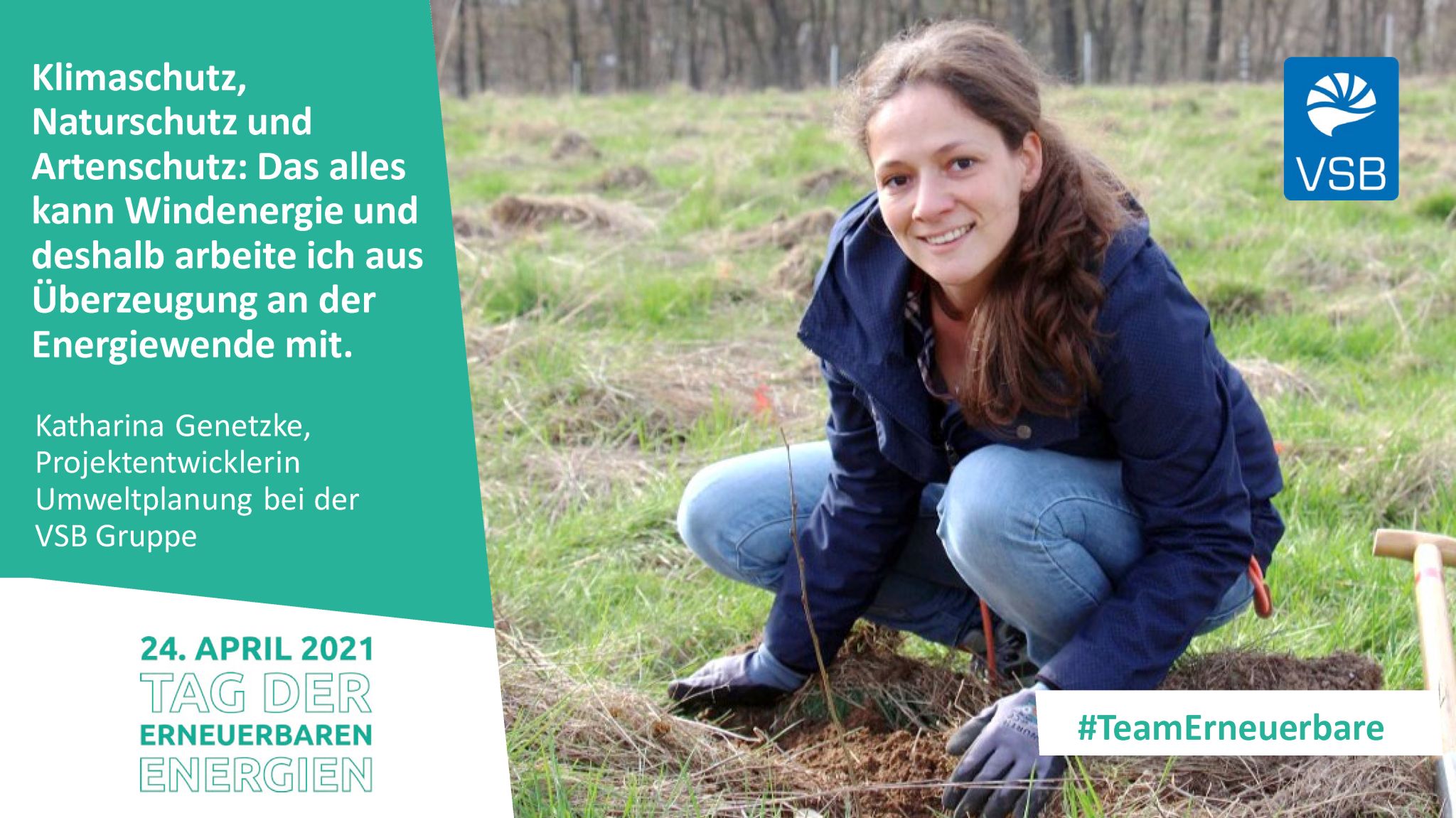 Bild von Katharina Genetzke auf einer Wiese mit Zitat zur Energiewende
