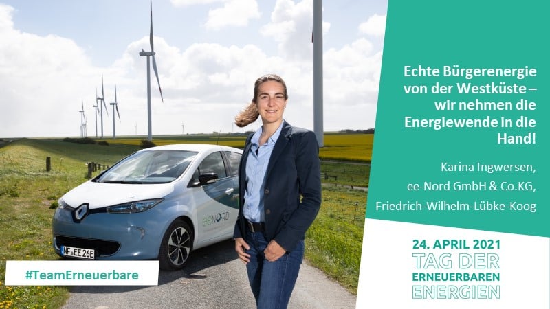 Frau vor einem Elektroauto mit Windpark im Hintergrund