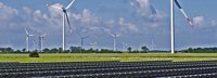 Solarkollektoren auf einer Wiese im Hintergrund Windräder