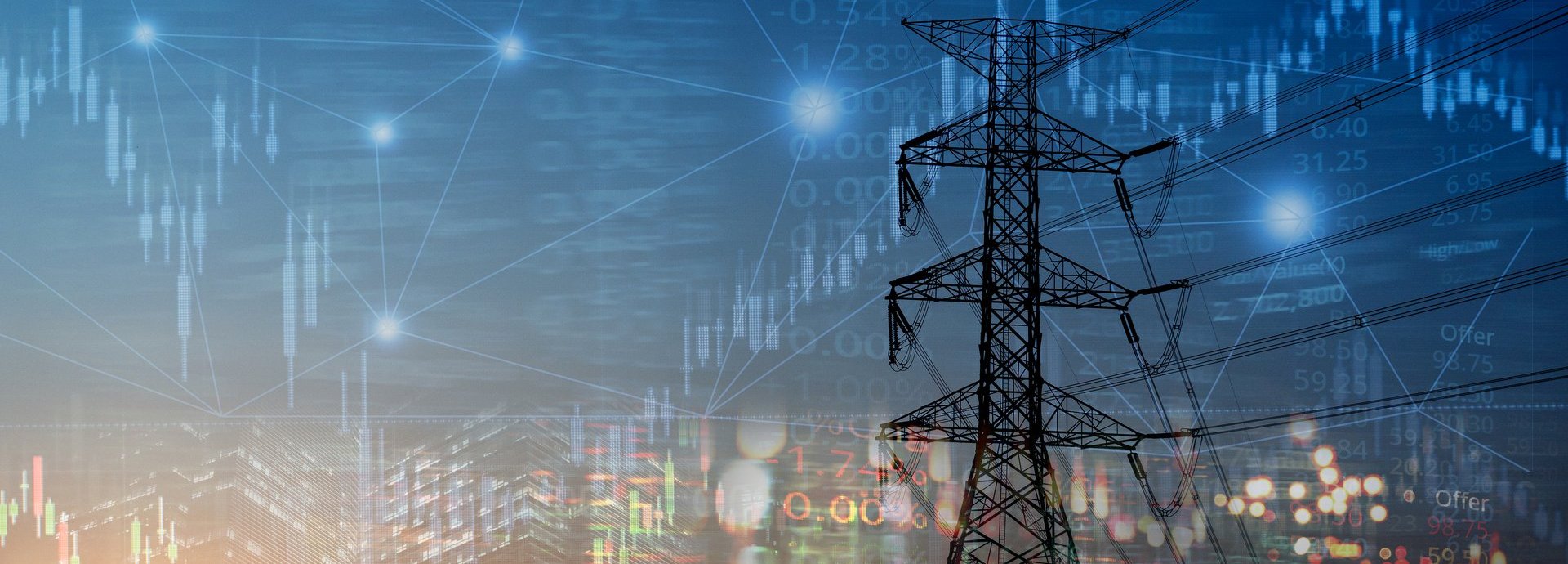 Strommarktaktiendiagramm und Indexinformationen mit Strommast im Hintergrund