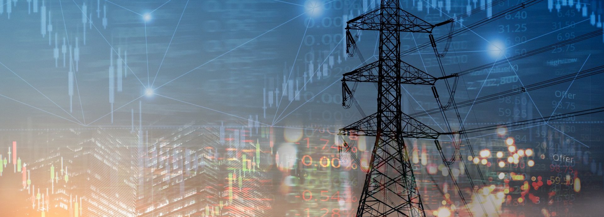 marktaktiendiagramm und indexinformationen mit stadtlicht und strom- und energieanlagenindustrie und geschäftshintergrund