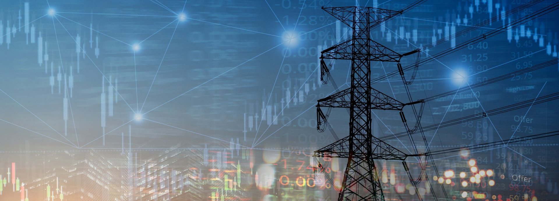 Beschreibung: Strommarktaktiendiagramm und Indexinformationen mit Strommast im Hintergrund