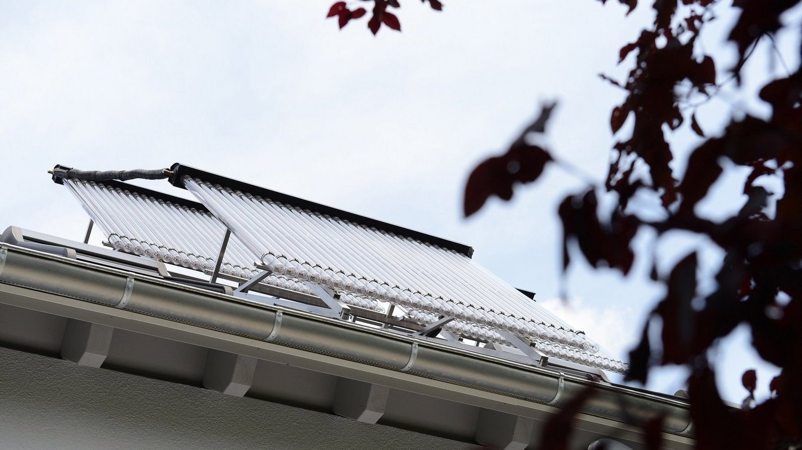 Solarthermieanlage auf einem Dach aus tiefem Blickwinkel mit unscharfen Blättern im Vordergrund