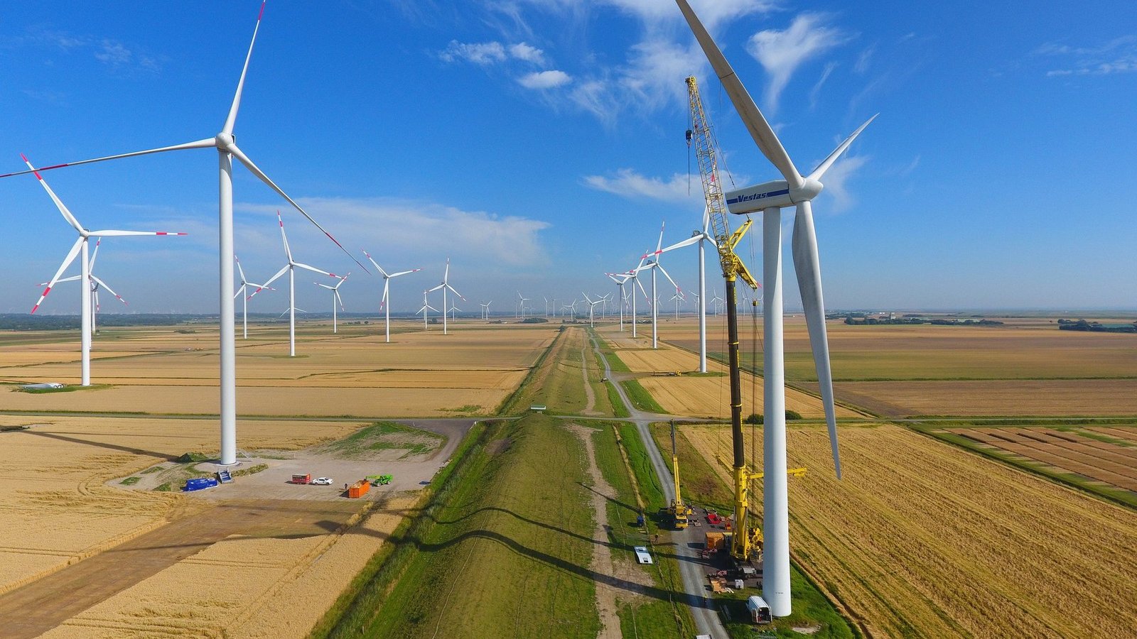 Viele Windräder auf Feldern an denen ein Kran arbeitet