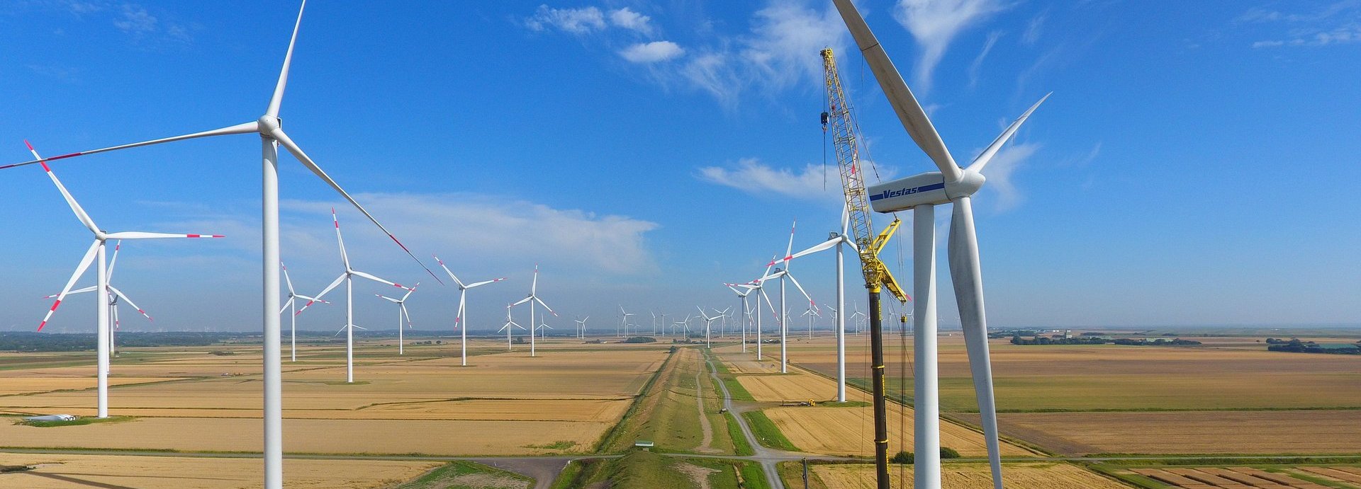 Viele Windräder auf Feldern an denen ein Kran arbeitet