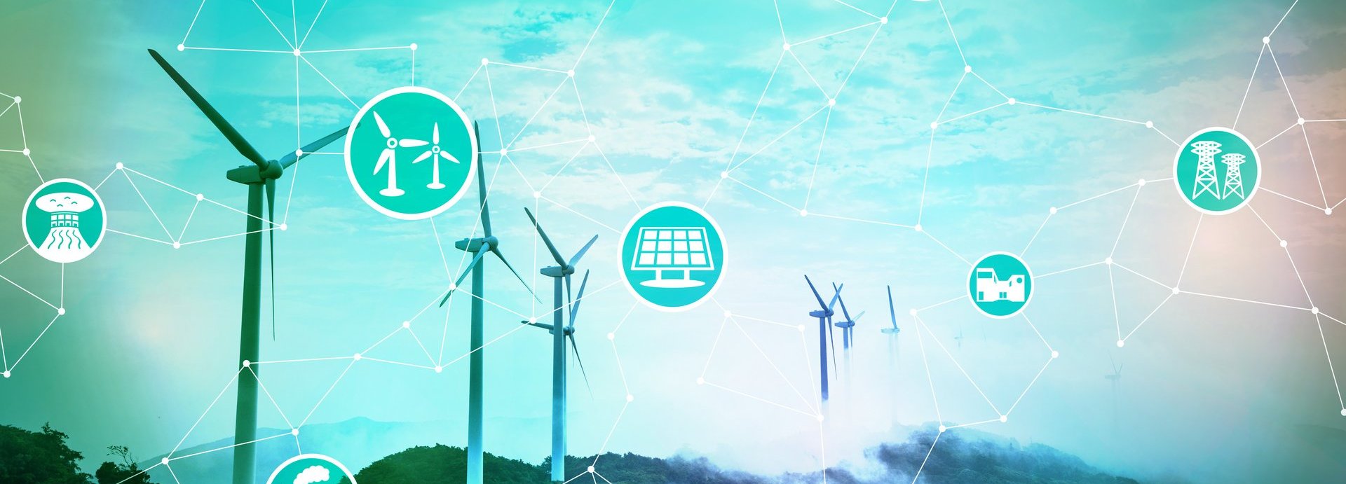 Windräder vor türkisfarbenem Himmel mit weißen Strichen und grafischen Symbolen aus dem Energiesektor