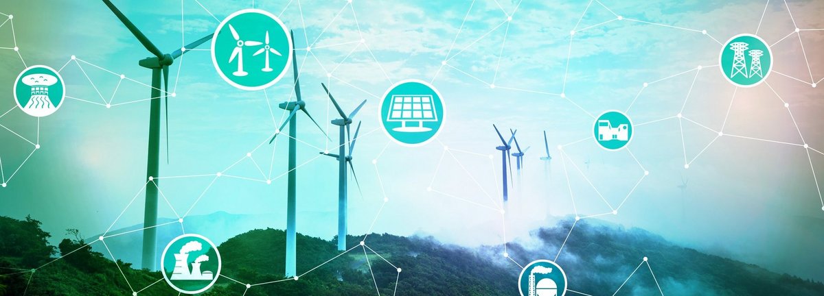 Bildbeschreibung: Windräder vor türkisfarbenem Himmel mit weißen Strichen und grafischen Symbolen aus dem Energiesektor