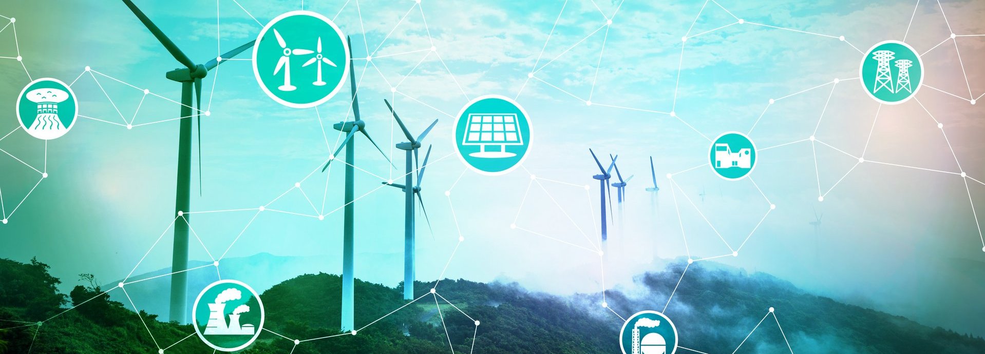 Beschreibung: Windräder vor türkisfarbenem Himmel mit weißen Strichen und grafischen Symbolen aus dem Energiesektor