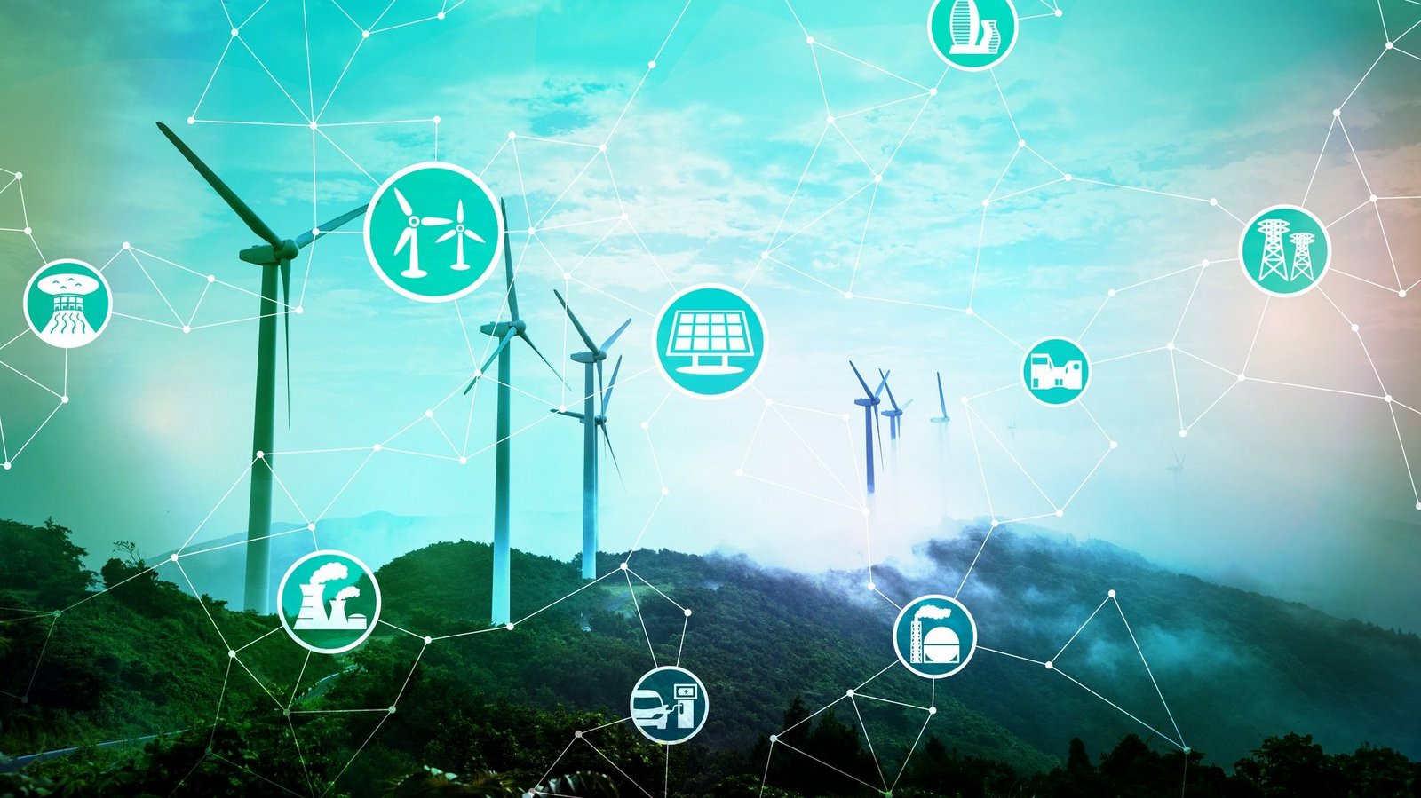 Windräder vor türkisfarbenem Himmel mit weißen Strichen und grafischen Symbolen aus dem Energiesektor