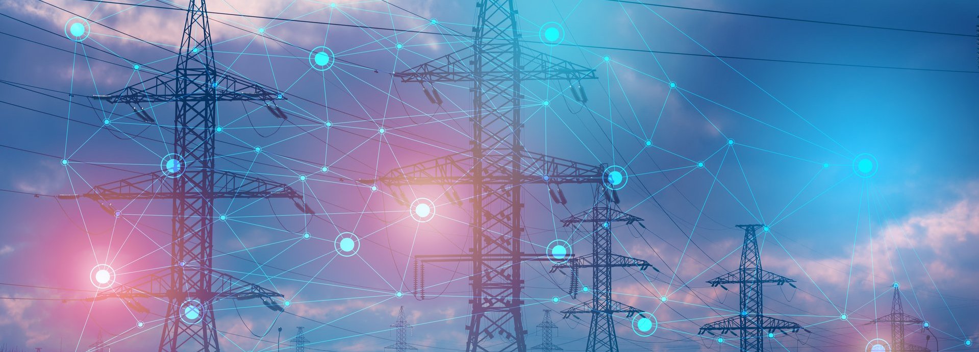 Beschreibung: Stromleiter vor einem blauen Himmel und roten Lichtern mit weißen eingezeichneten Verbindungspunkten