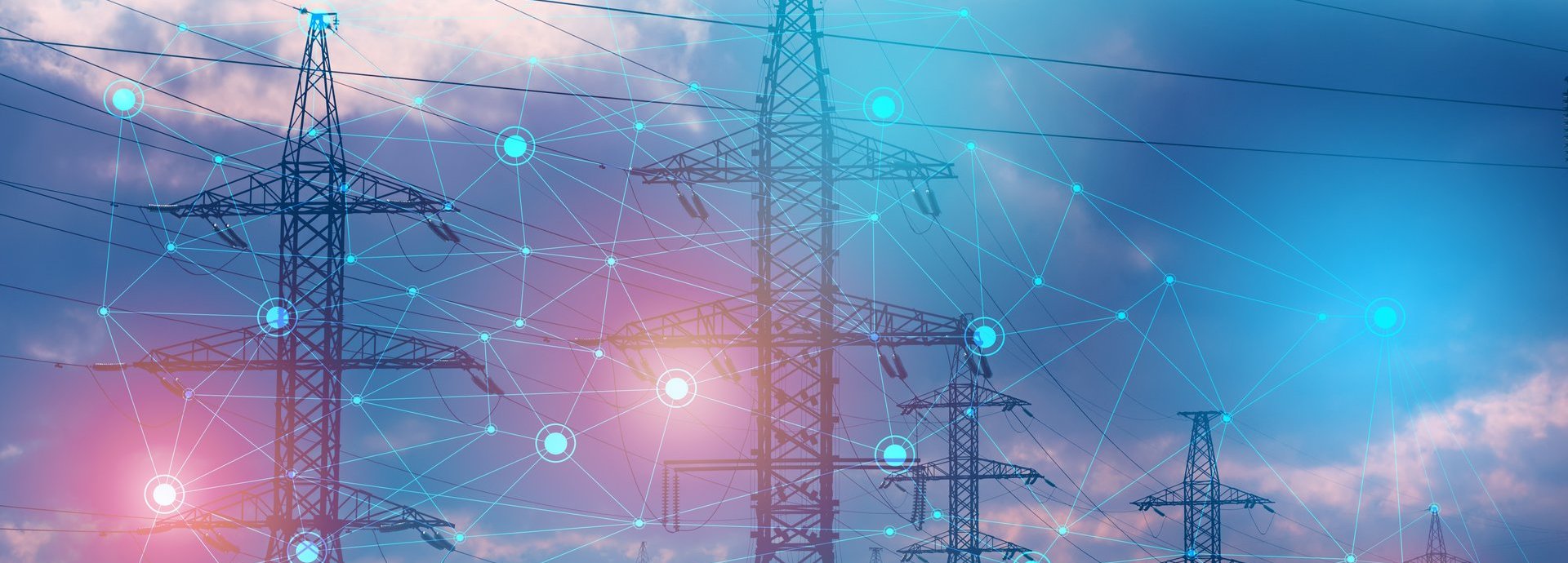 Beschreibung: Stromleiter vor einem blauen Himmel und roten Lichtern mit weißen eingezeichneten Verbindungspunkten