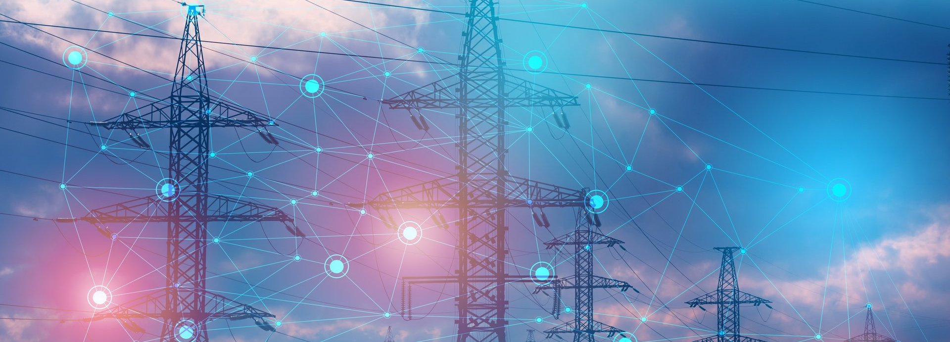 Beschreibung: Stromleiter vor einem blauen Himmel und roten Lichtern mit weißen eingezeichneten Verbindungspunkten