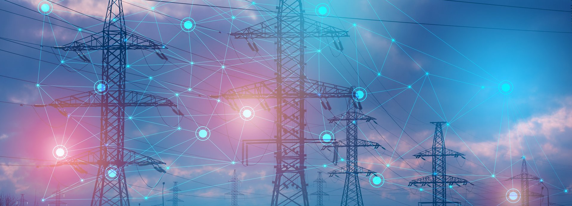 Beschreibung: Stromleiter vor einem blauen Himmel und roten Lichtern mit weißen eingezeichneten Verbindungspunkten