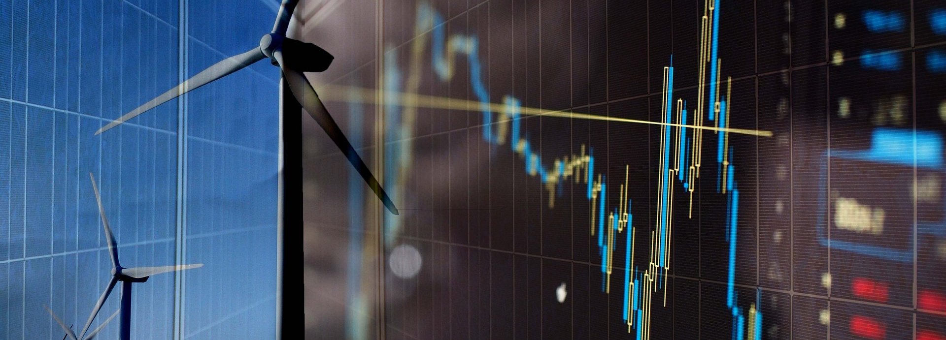 Graphenanzeige mit eingeblendeten Solarzellen im Hintergrund und kleinen Windrädern im Vordergrund 