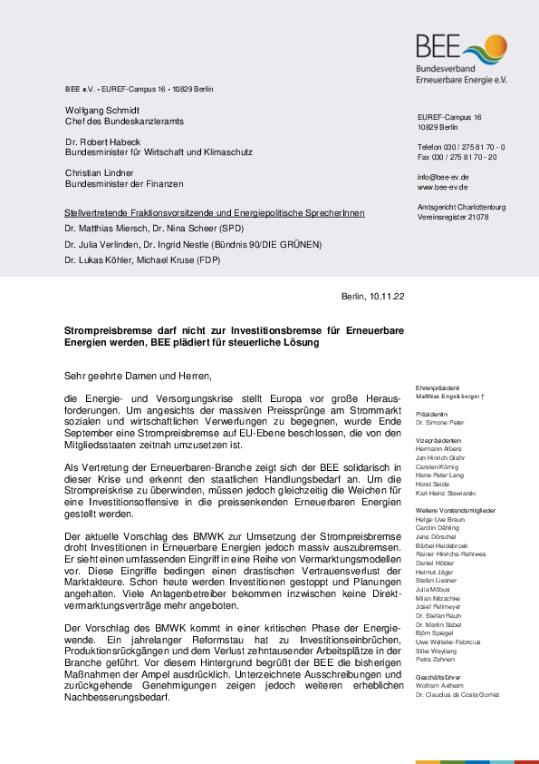 Offener Brief des BEE zur Strompreisbremse