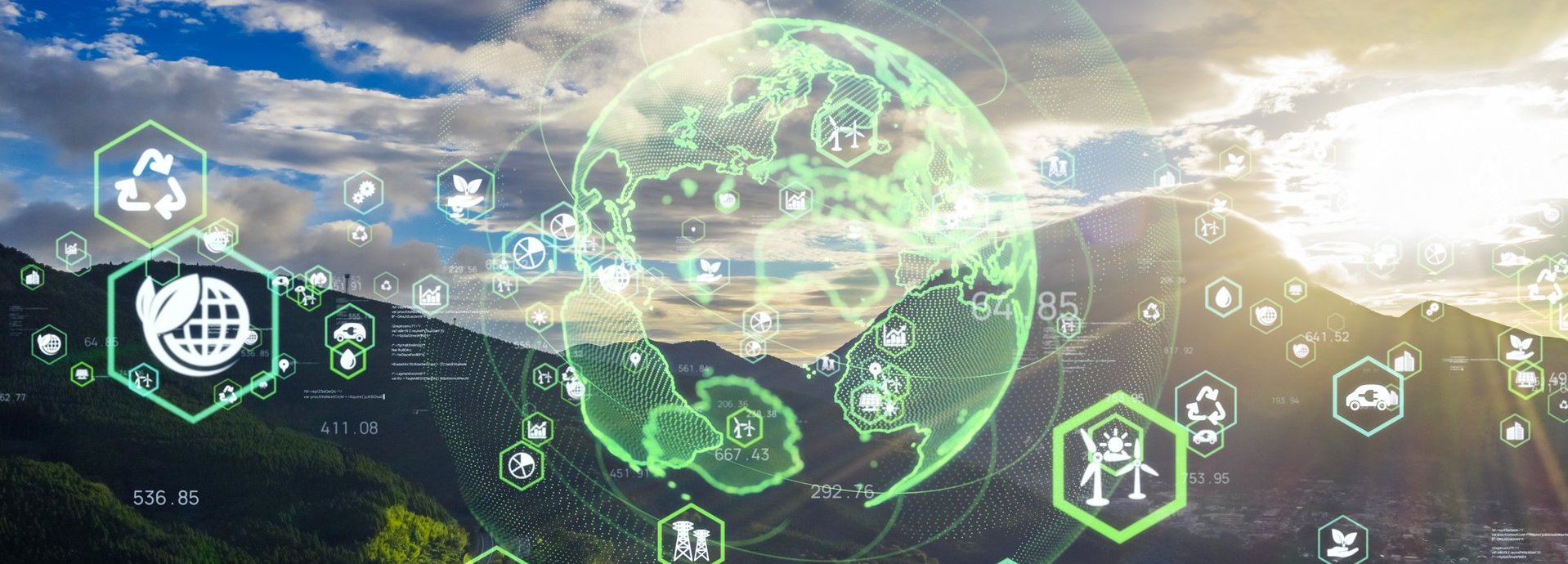 Beschreibung: Verschiedene grüne Icons aus dem Energiebereich mit einer grafischen Darstellung der Erde vor einer hügeligen Landschaft