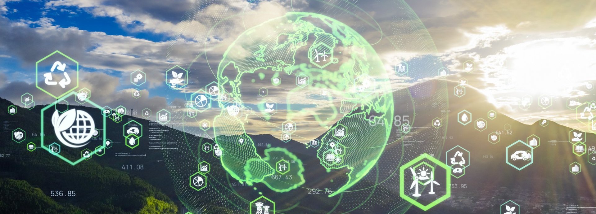 Beschreibung: Verschiedene grüne Icons aus dem Energiebereich mit einer grafischen Darstellung der Erde vor einer hügeligen Landschaft