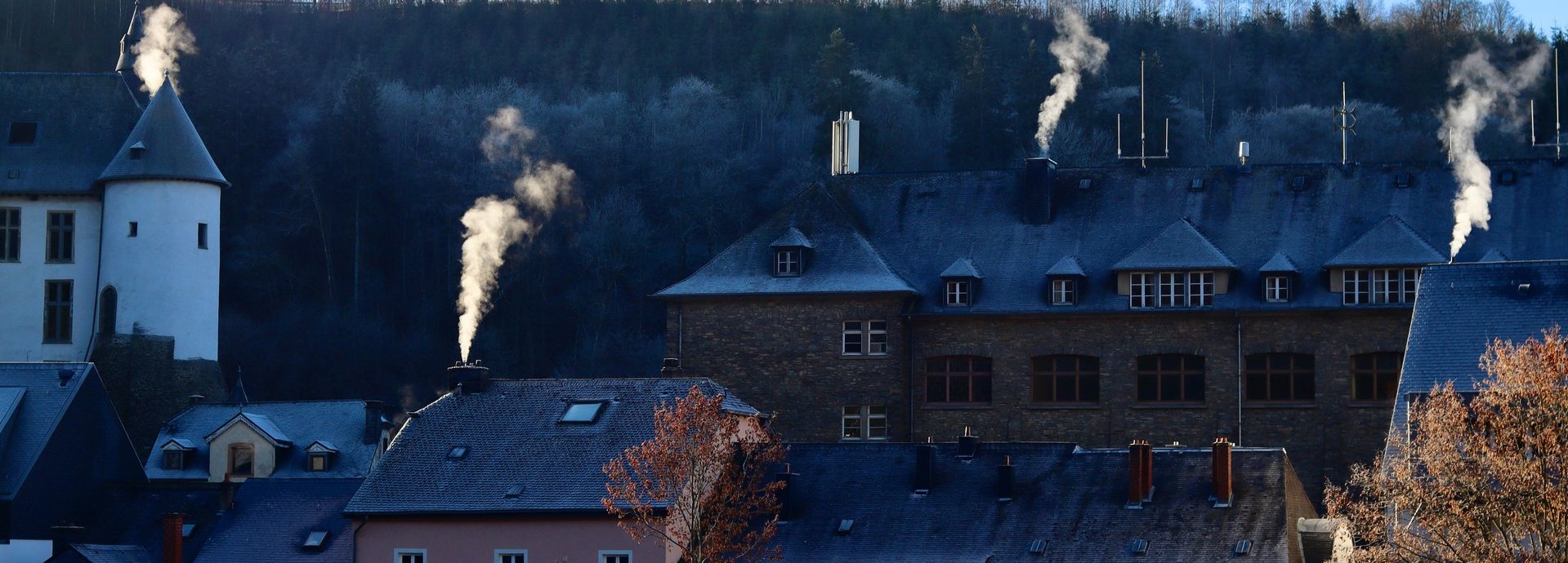 Rauchende Schornsteine vor Hügel mit Bäumen