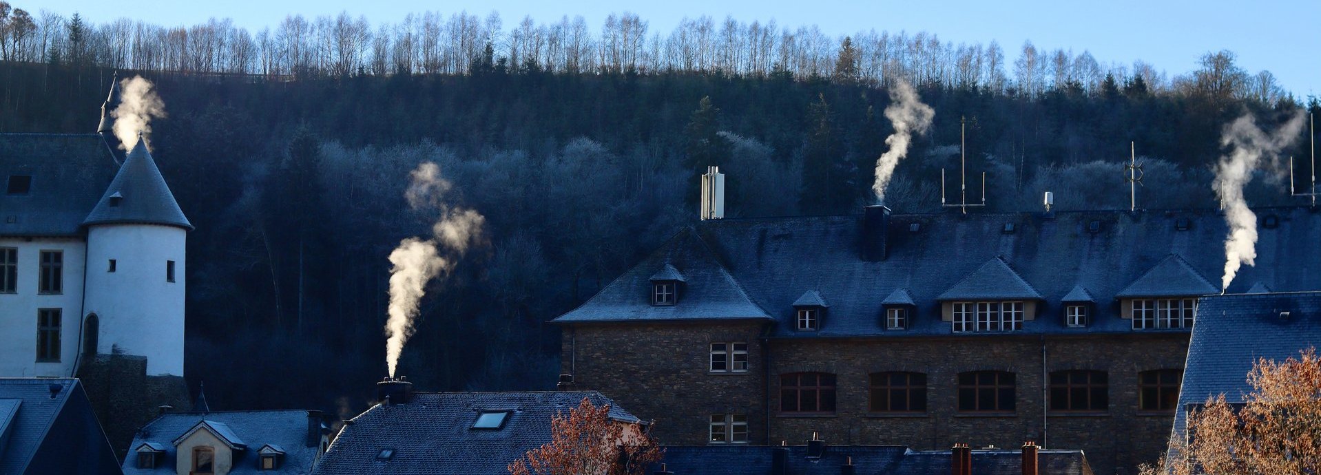 Rauchende Schornsteine vor Hügel mit Bäumen