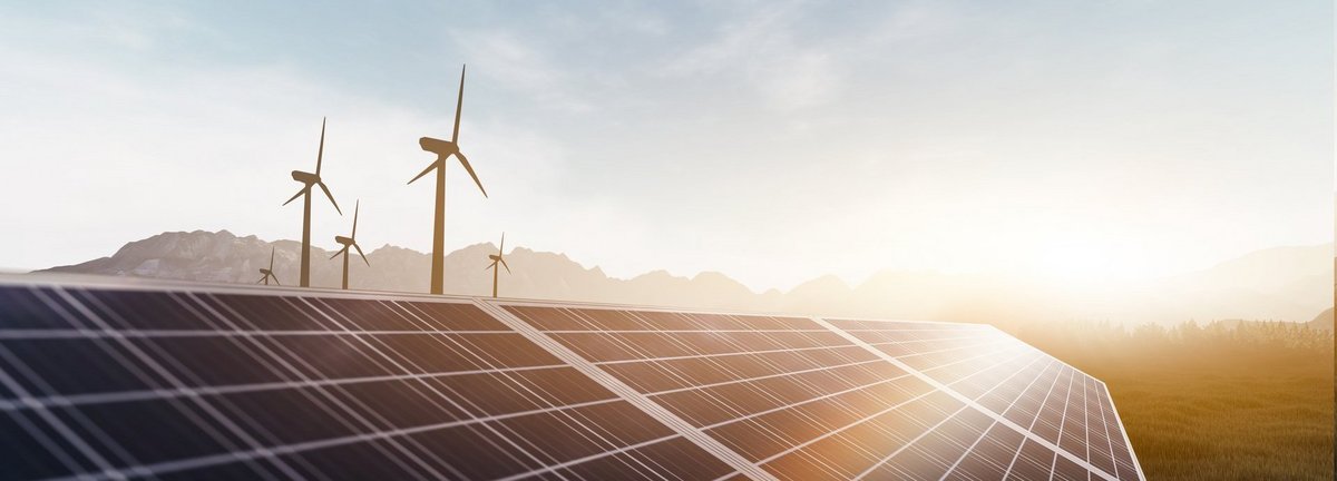 Solarkollektoren und Windräder bei Sonnenaufgang auf einem Feld mit Bergen im Hintergrund