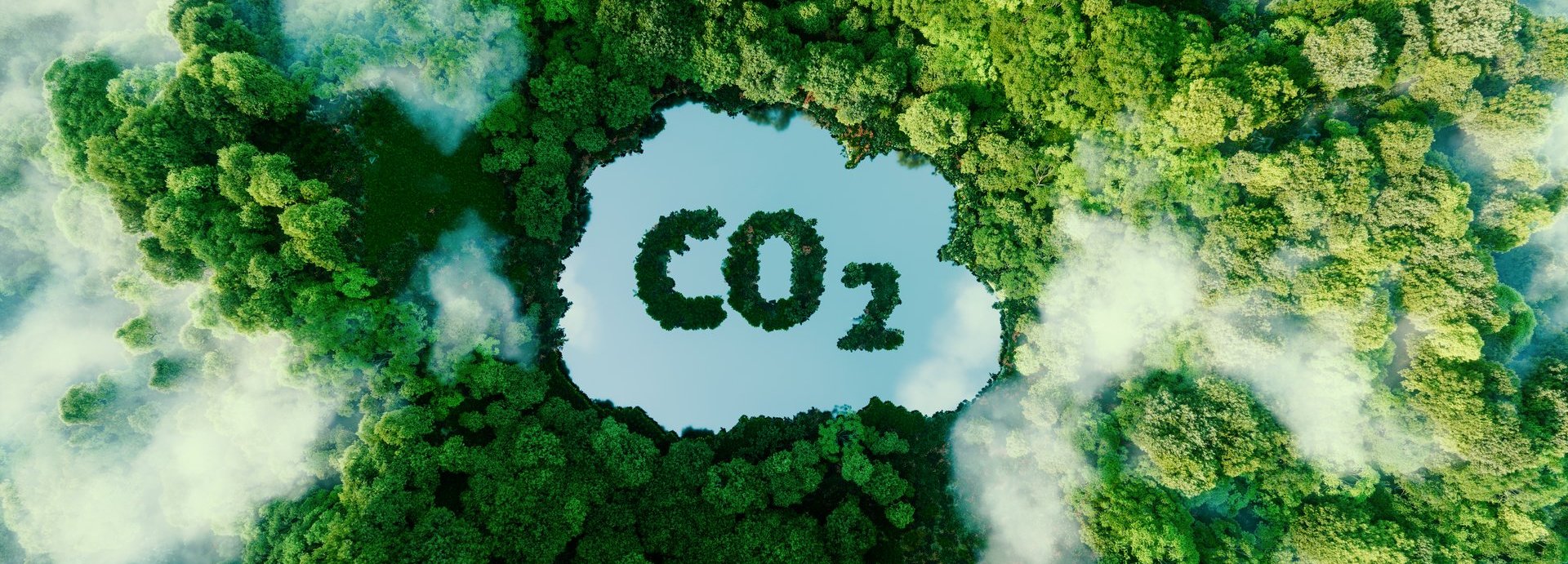 Konzept, das das Problem der Kohlendioxidemissionen und ihre Auswirkungen auf die Natur in Form eines Teichs in Form eines Co2-Symbols in einem üppigen Wald darstellt. 3D-Rendering.
