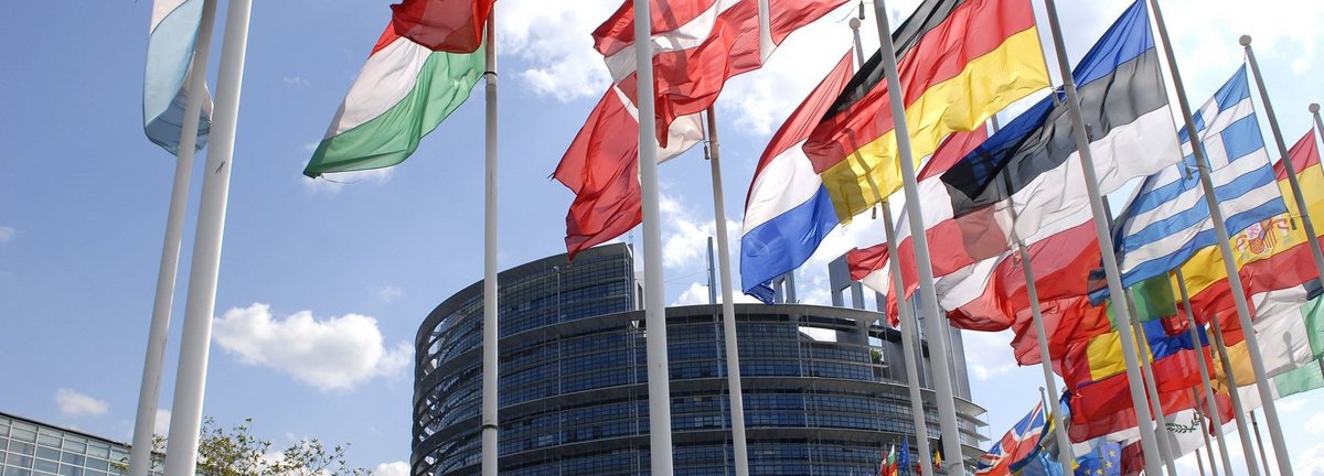 Europäisches Parlamentsgebäude im Hintergrund mit Flaggen der mitgliedsstaaten im Vordergrund vor blauem Himmel