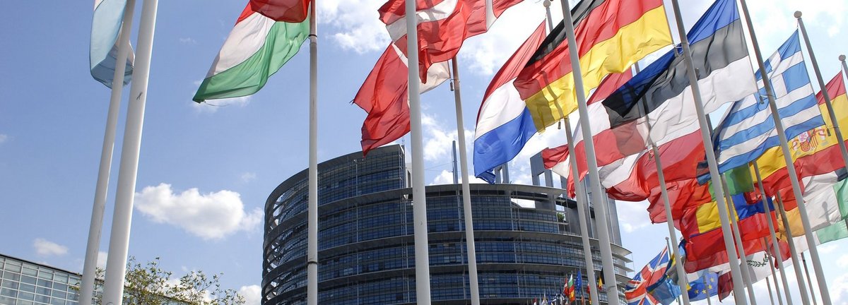 Europäisches Parlamentsgebäude im Hintergrund mit Flaggen der mitgliedsstaaten im Vordergrund vor blauem Himmel