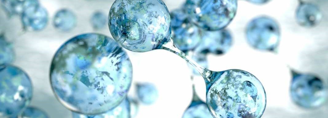 Blaue Wasserstoffmoleküle grafisch dargestellt vor weißem Hintergrund