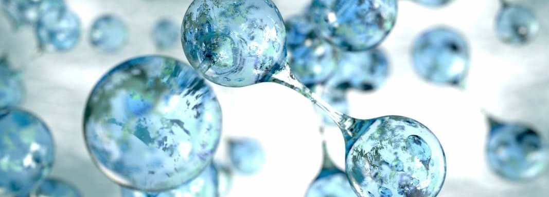 Beschreibung: Blaue Wasserstoffmoleküle grafisch dargestellt vor weißem Hintergrund