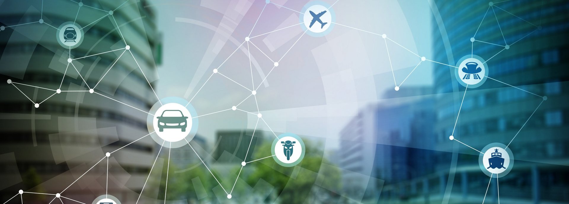 Beschreibung: Verschiedene Symbole mit Gebäuden im Hintergrund 