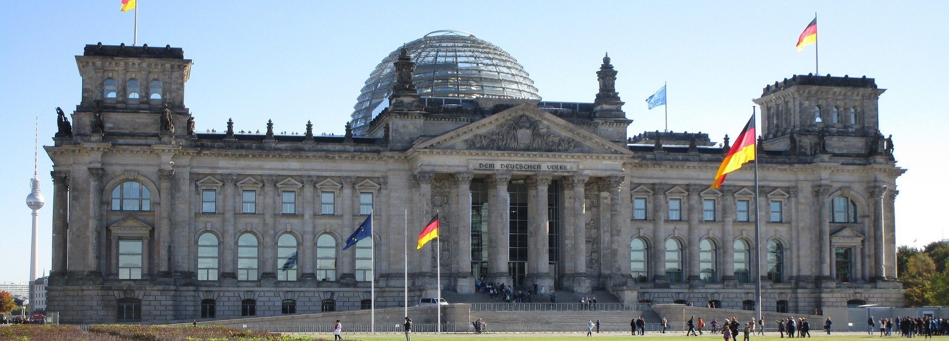 Grünfläche vor dem Bundestag, Bundestag im Hintergrund vor hellblauem Himmel