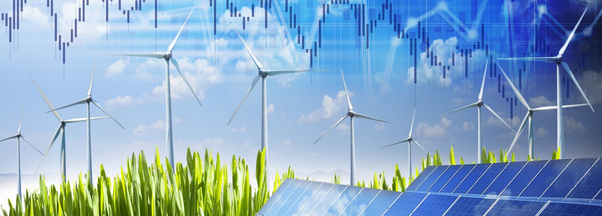 Beschreibung: Windräder und Photovoltaikanlage, darüber Grafiken mit Anstiegen und Abstiegen