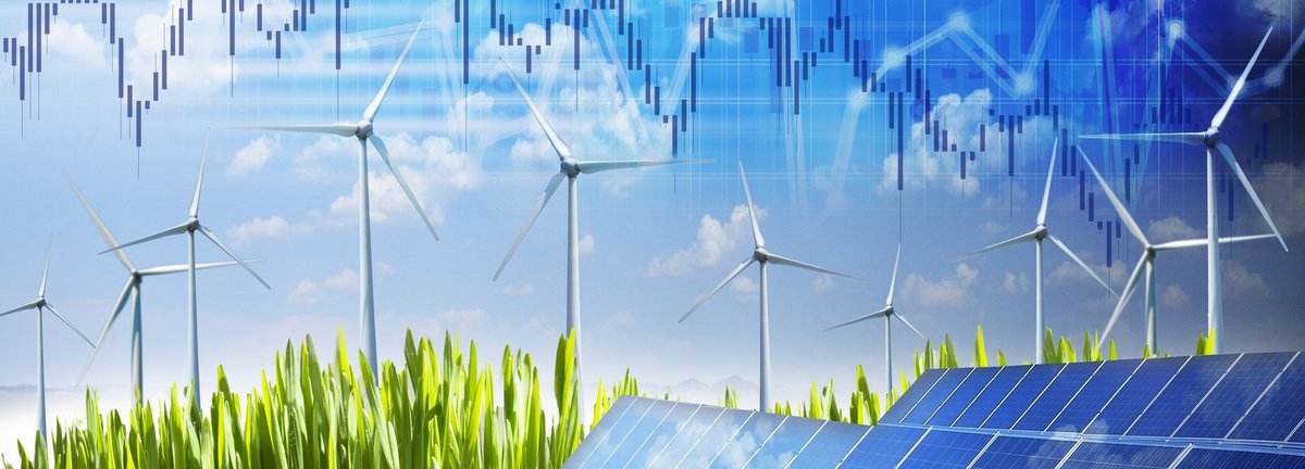Windräder und Photovoltaikanlage, darüber Grafiken mit Anstiegen und Abstiegen
