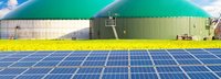 Zwei Biogasanlagen hinter einem Rapsfeld und Solarkollektoren