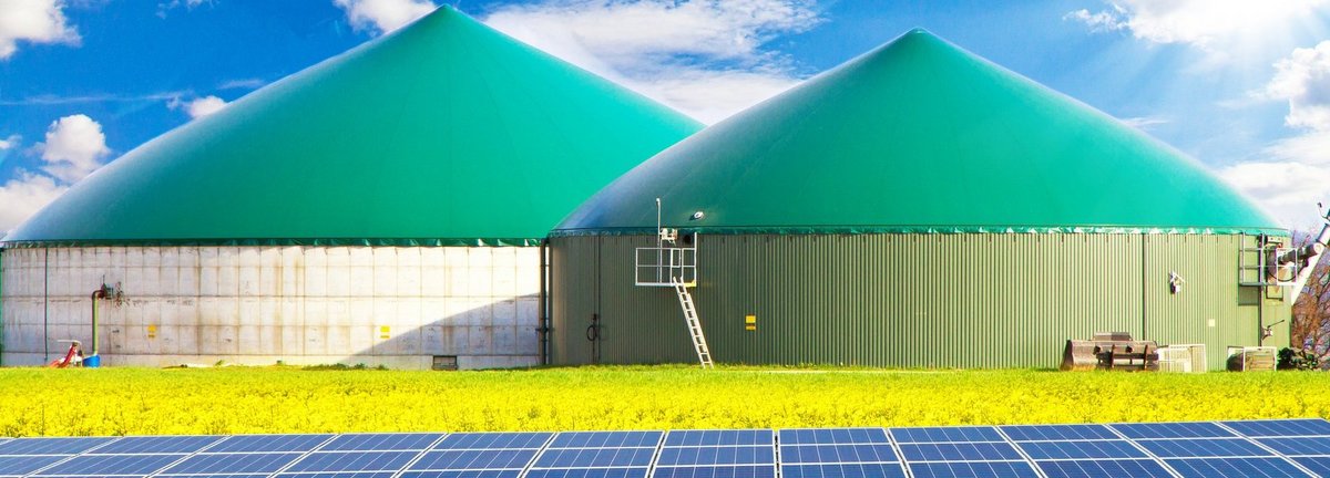 Zwei Biogasanlagen hinter einem Rapsfeld und Solarkollektoren