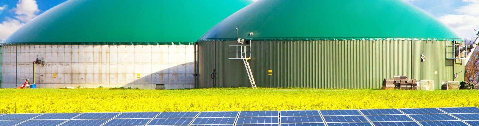 Zwei Biogasanlagen hinter einem Rapsfeld und Solarkollektoren