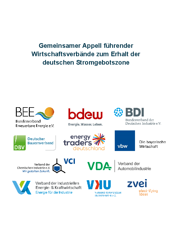 Die Wirtschaftsverbände warnen gemeinsam vor der Aufteilung der einheitlichen deutschen Stromgebotszone.