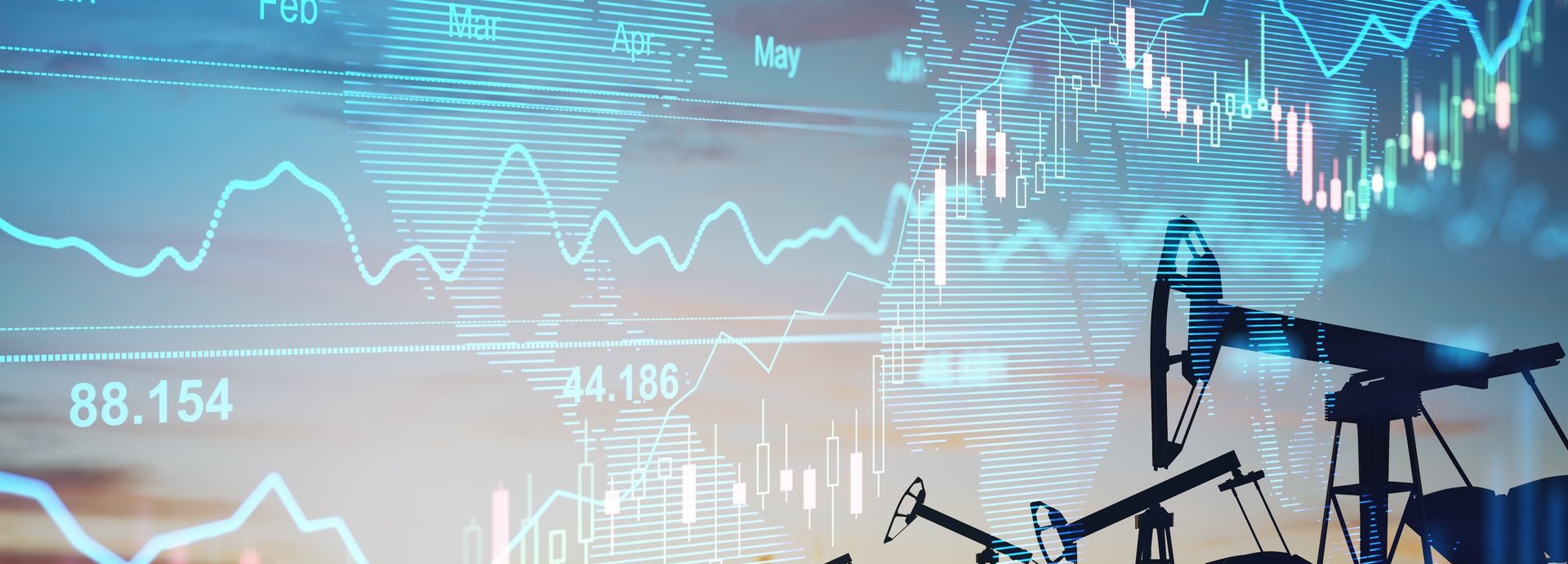 Steigende Ölpreise als Graph im Vordergrund mit Ölbohrfeldern im Hintergrund