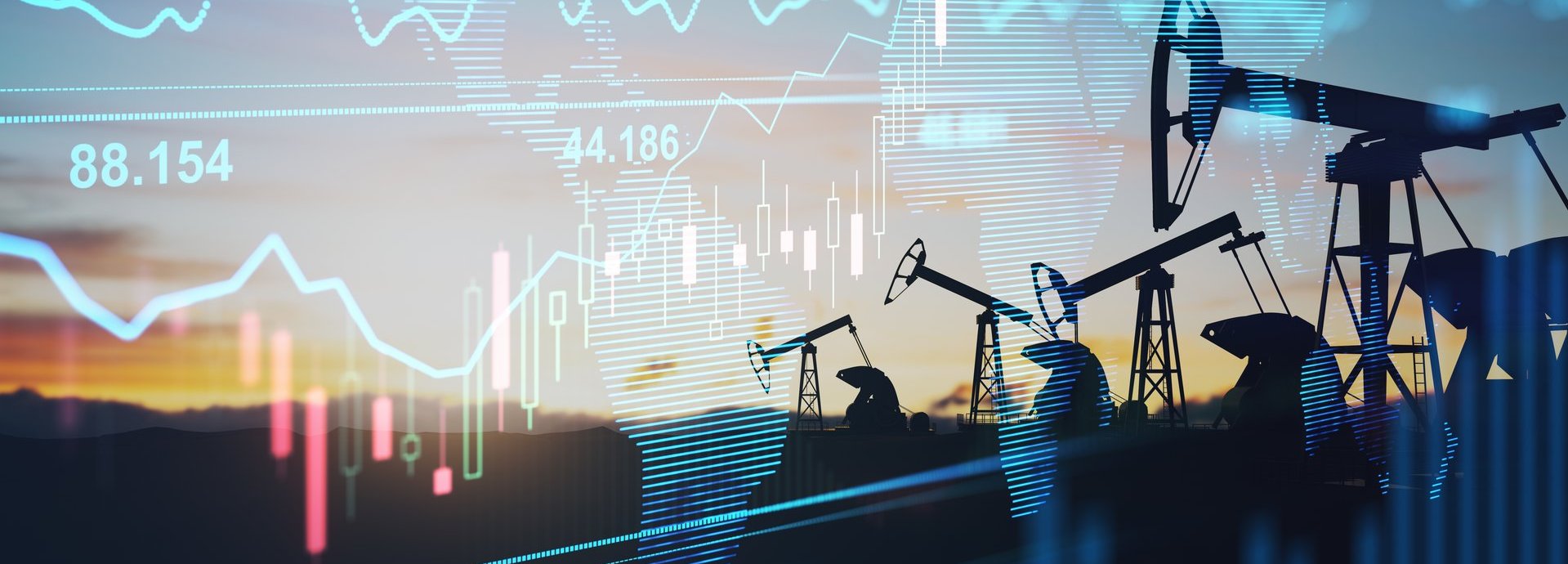 Steigende Ölpreise als Graph im Vordergrund mit Ölbohrfeldern im Hintergrund
