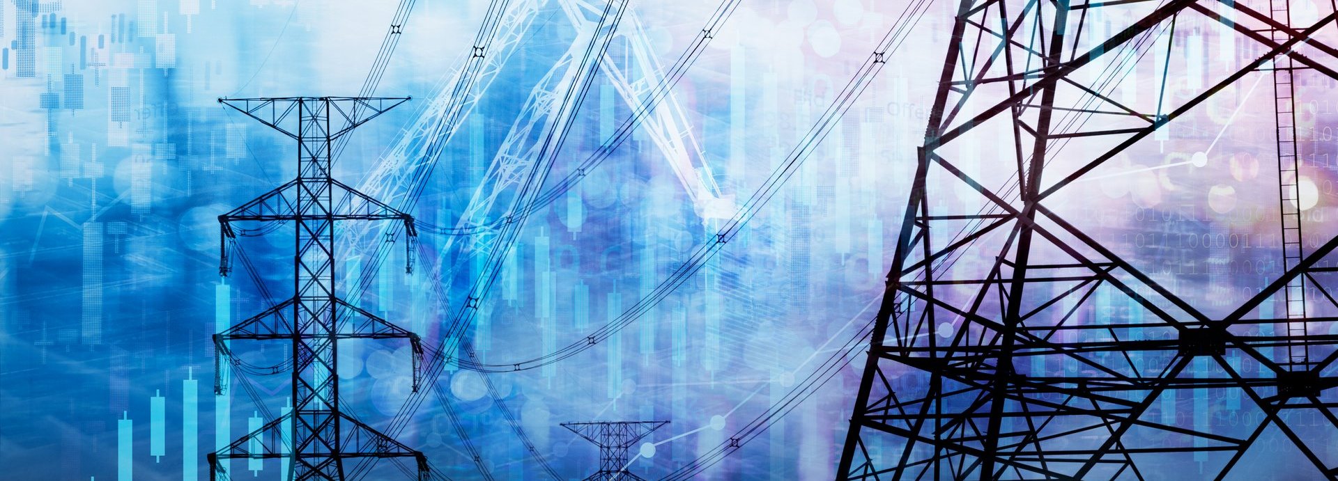 marktaktiendiagramm und informationen mit stadtlicht und strom- und energieanlagenindustrie und blauem hintergrund des geschäfts