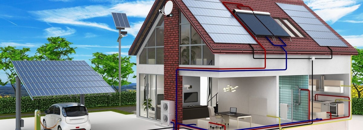 Konzept eines Hauses mit Erneuerbaren Energien und Elektroauto