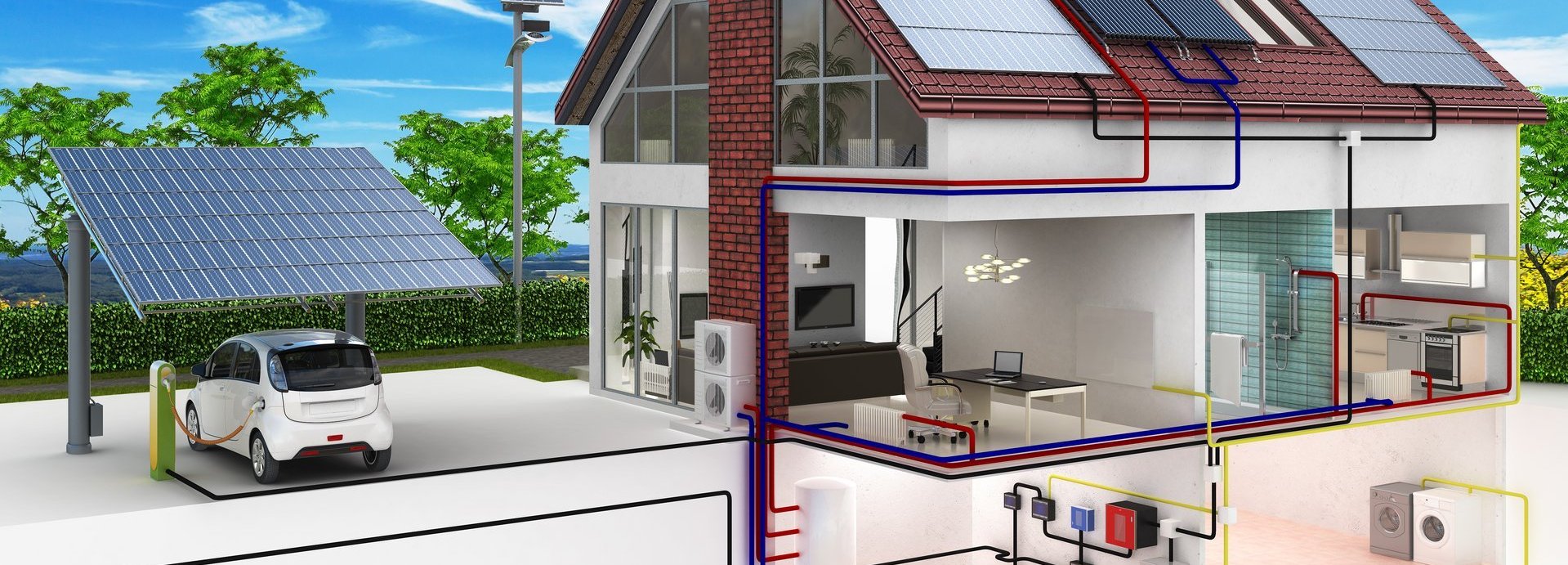 Konzept eines Hauses mit Erneuerbaren Energien und Elektroauto