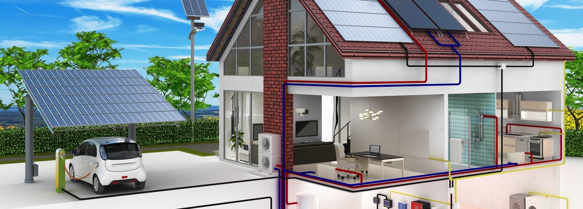 Beschreibung: Konzept eines Hauses mit Erneuerbaren Energien und Elektroauto