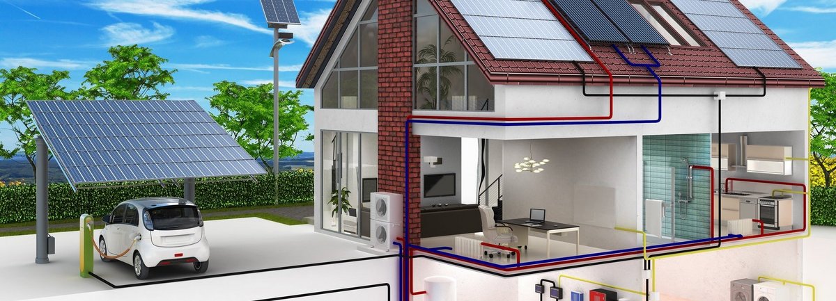 Bildbeschreibung: Konzept eines Hauses mit Erneuerbaren Energien und Elektroauto
