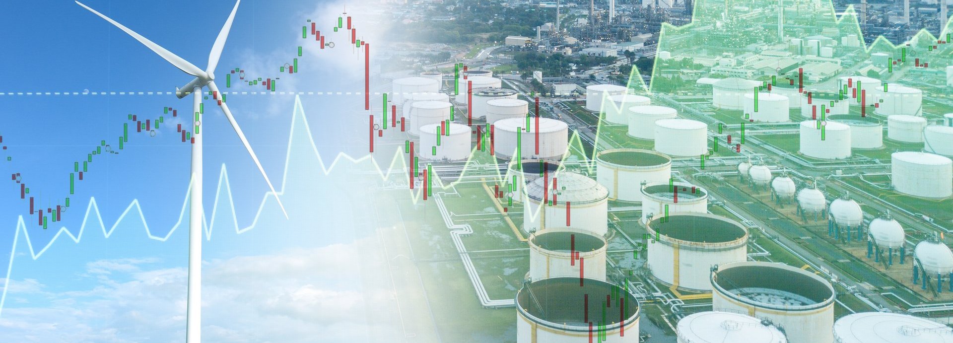 Wind Turbine und Ölraffinerien im Hintergrund mit zwei Graphen im Vordergrund