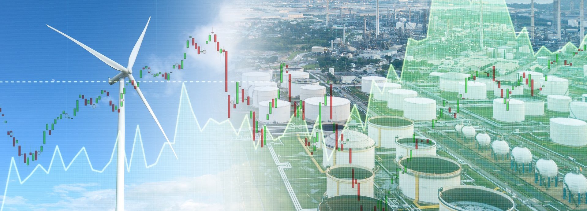 Beschreibung: Windturbine und Ölraffinerien im Hintergrund mit zwei Graphen im Vordergrund